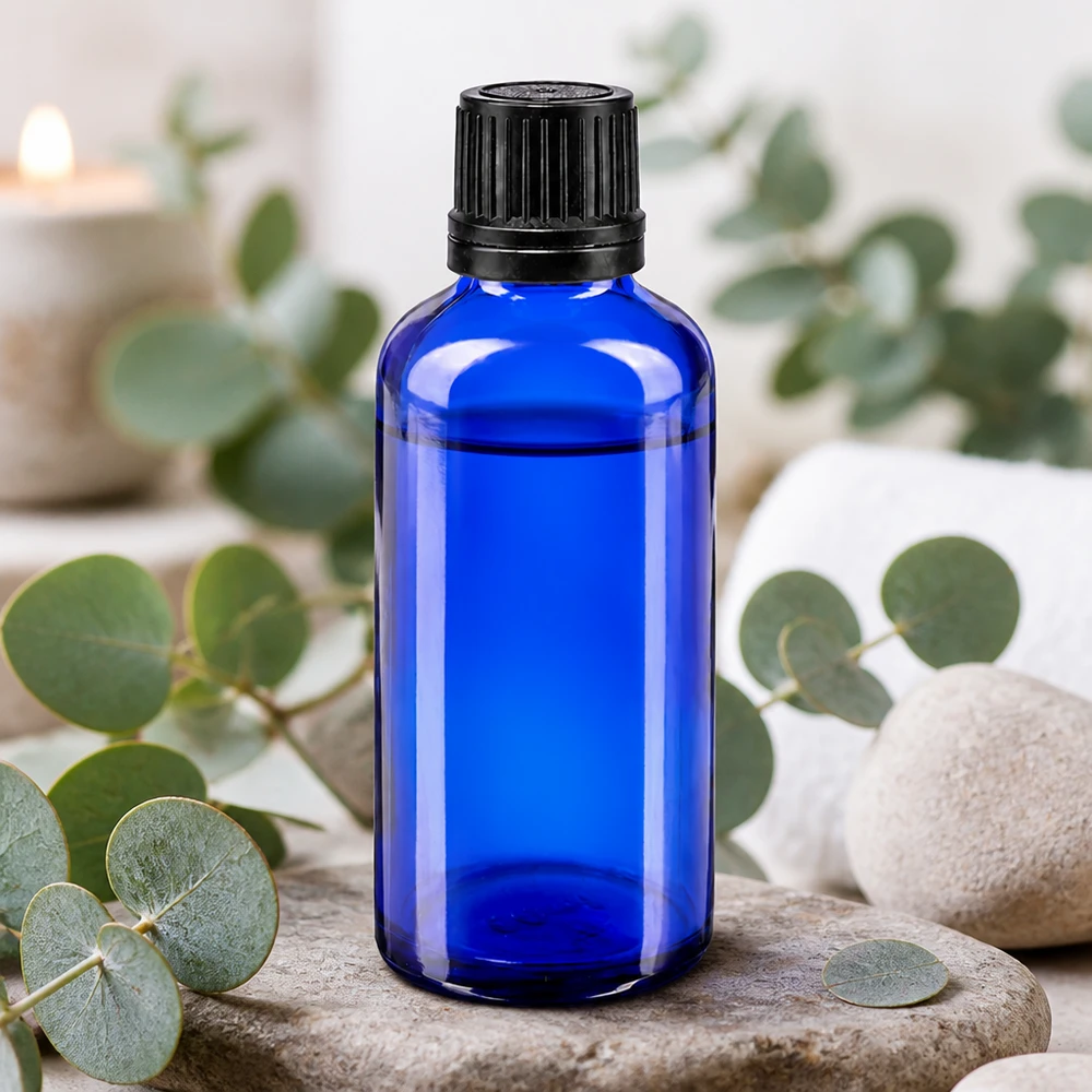 Apothekenflasche blau 50ml Tropfverschluss Giessring 1mm schwarz Originalitätsverschluss Dunkelblaue 50ml Flasche aus Apothekenglas mit originalitätssicherem Verschluss in Spa-Atmosphäre