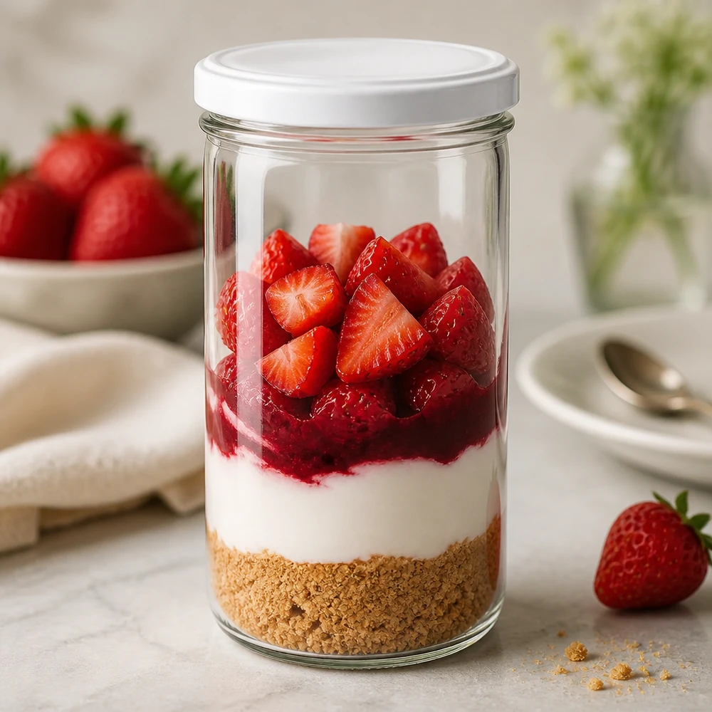 277ml Sturzglas befüllt mit Erdbeerdessert - Schichtdessert im Einmachglas mit Keksboden und frischen Früchten