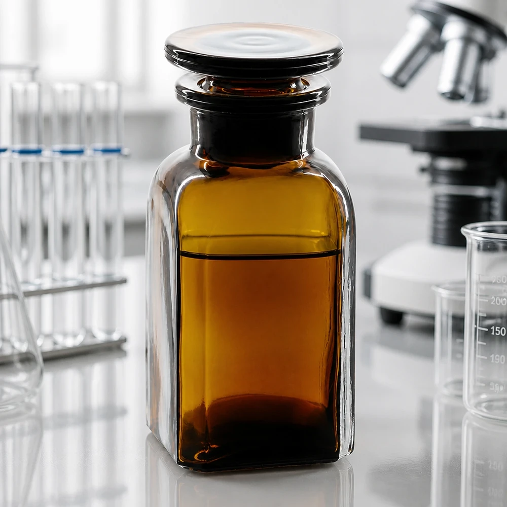 Kleine braune Weithalsflasche 100ml eckig mit Glasstopfen für Pharmazie Forschung und Analytik