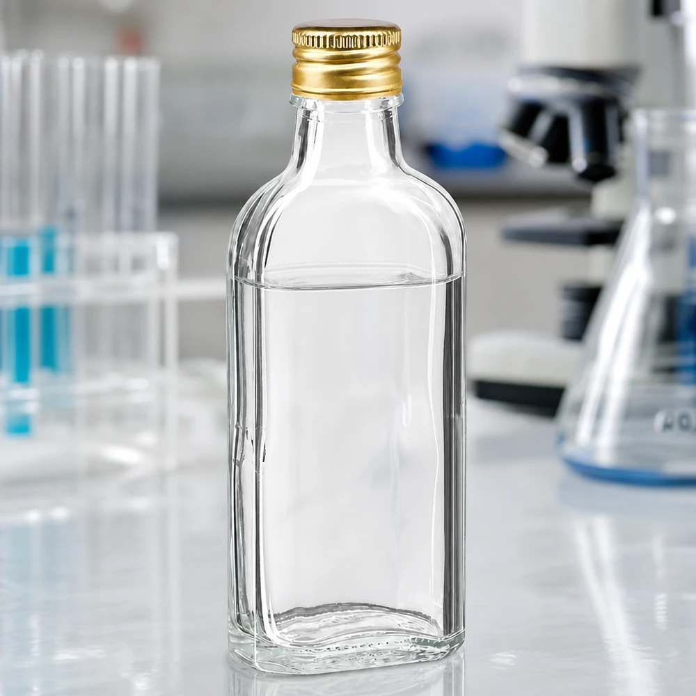 100 ml Meplat klar mit Alu Verschluss gold PP22 Hochwertige klare Glasflasche 100ml Meplat Form mit goldenem Alu-Deckel PP22 Labortisch
