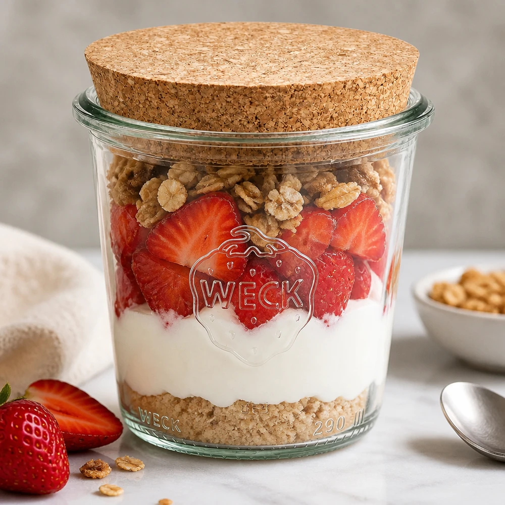 WECK Sturzglas 290ml RR80 mit Korkdeckel als Dessertglas mit Erdbeeren Joghurt und Nüssen schichtweise gefüllt