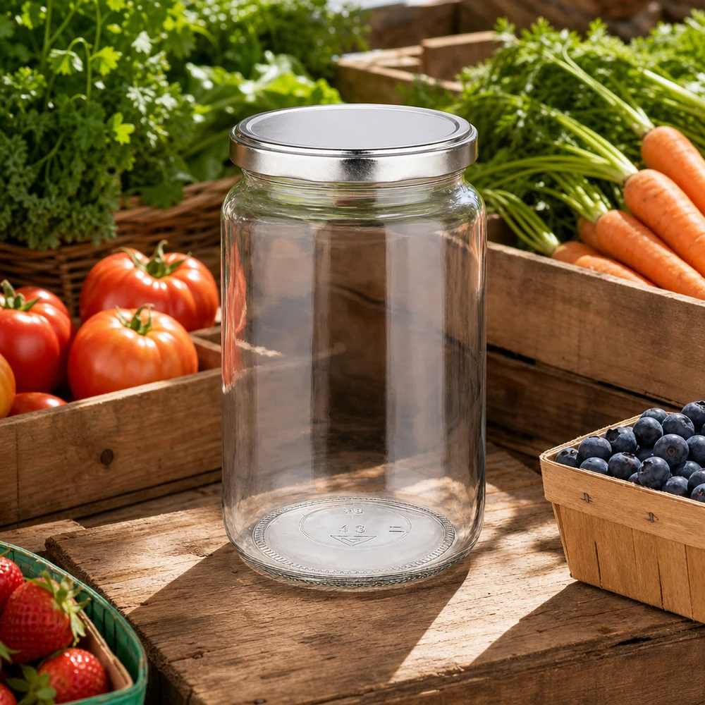 795ml Rundglas mit BasicSeal Deckel silber UNiTWIST 795ml Rundglas mit BasicSeal Deckel in rustikaler Outdoor-Küche umgeben von frischem Gemüse und Obst
