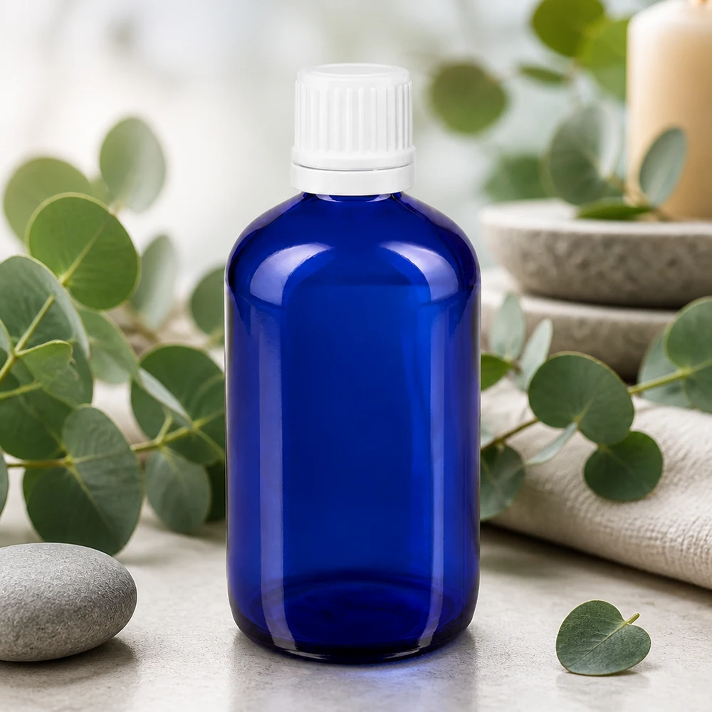 Apothekenflasche blau 100ml Tropfverschluss 1.2mm weiß Originalitätsverschluss 100ml Arzneiflasche Blauglas mit weißem OV-Schraubverschluss für ätherische Öle und Seren