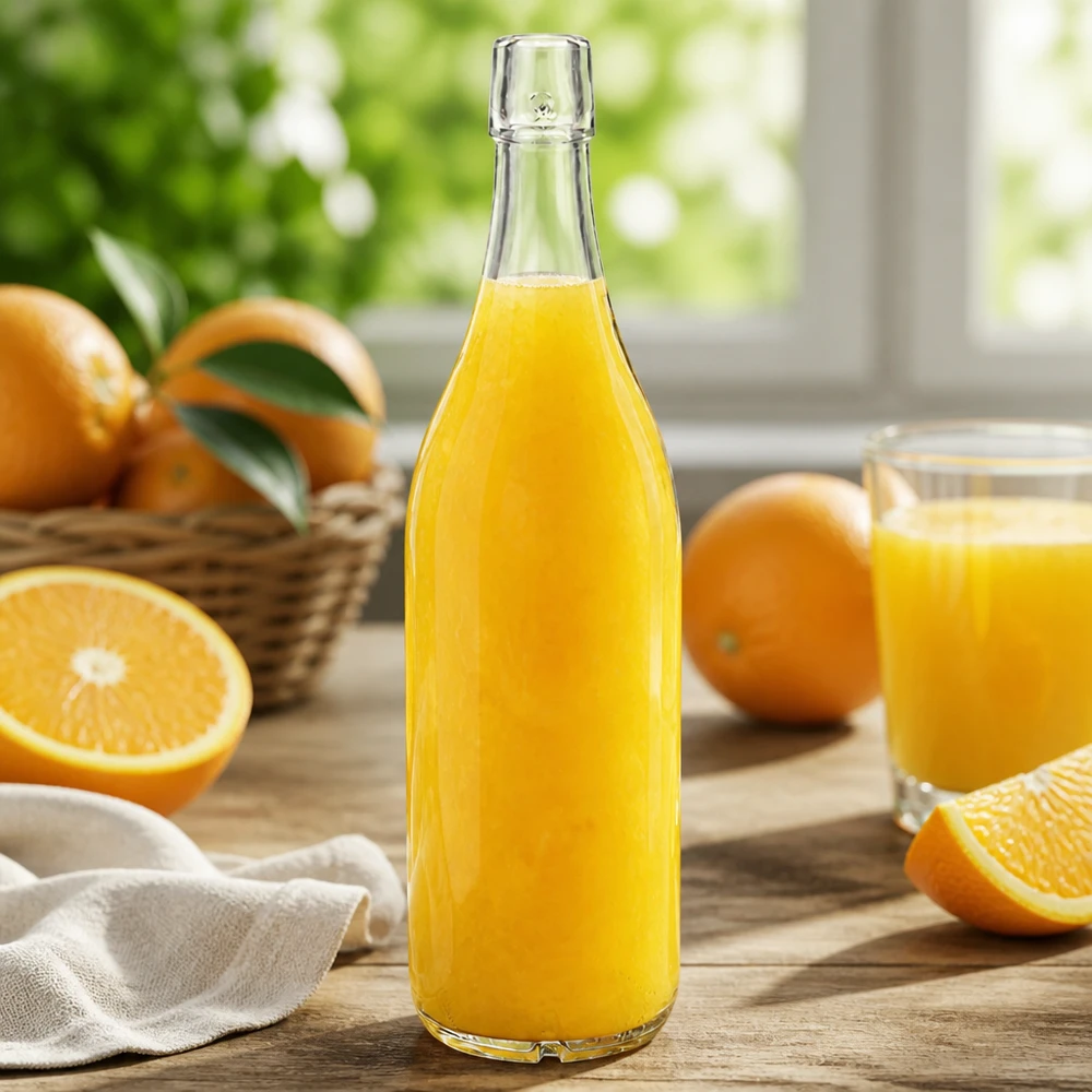 Glasflasche 1000ml UNiTWIST mit Orangensaft befüllt frische Orangen Küchentisch natürliches Licht gesund
