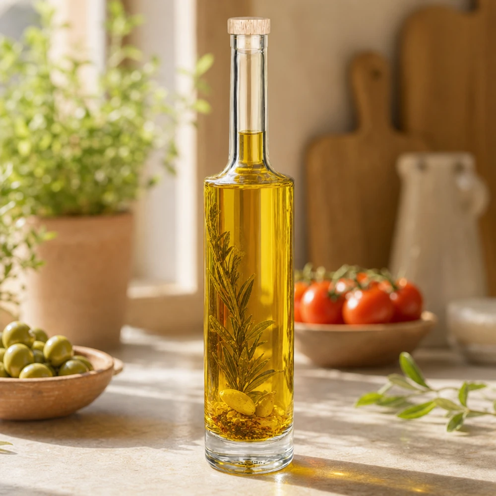 500ml Glasflasche Rosa mit Olivenöl und Rosmarinzweig in mediterraner Küche neben Oliven und Tomaten