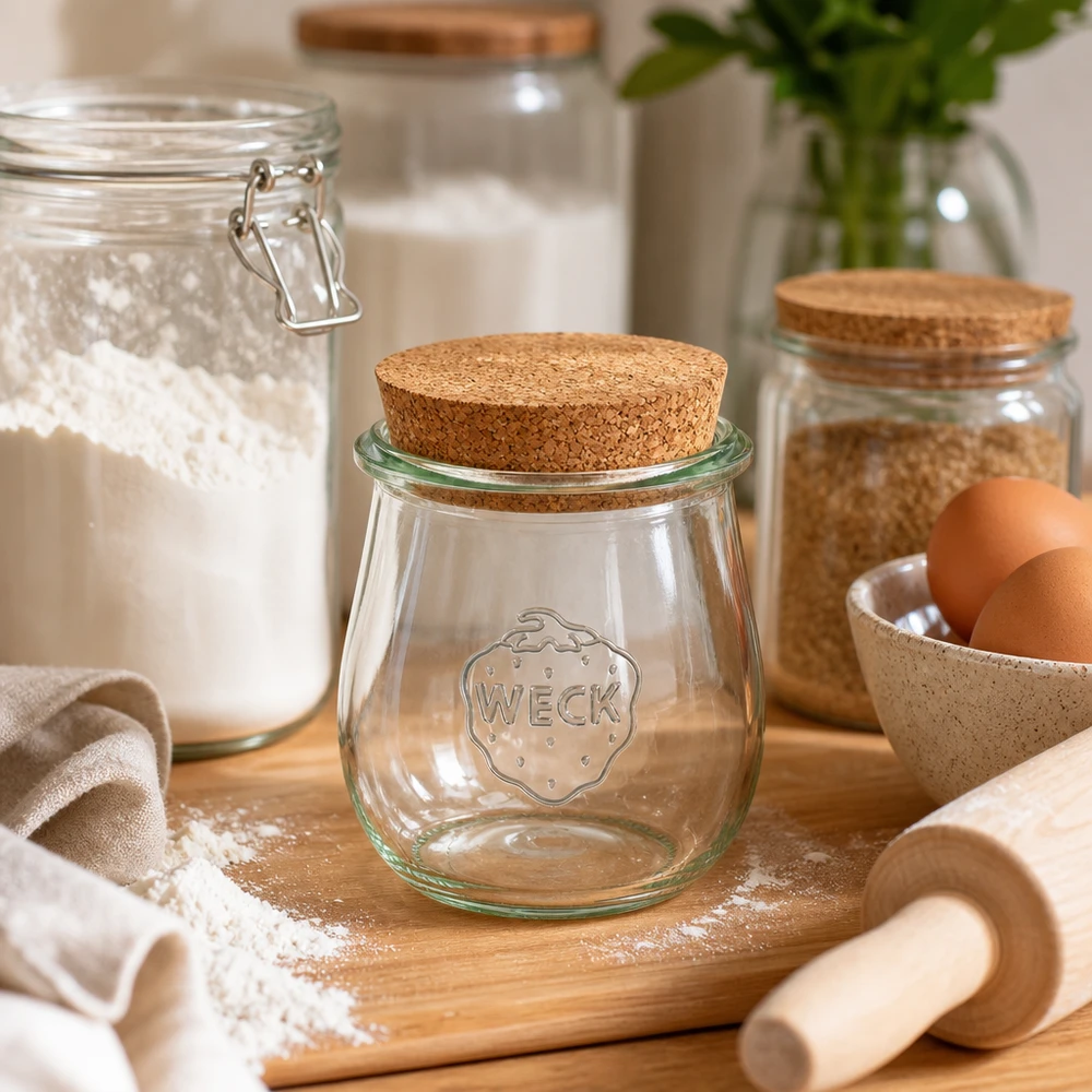 220ml Tulpenglas WECK RR60 mit Korken natur WECK Tulpenglas 220ml RR60 mit Korkdeckel in rustikaler Küche mit Backzutaten Mehl und Eiern auf Holzbrett