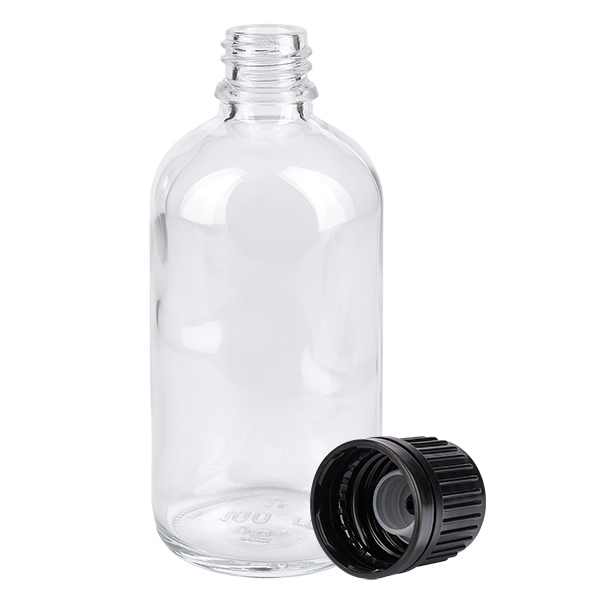 100ml Globuliflasche 3mm Giessring schwarz Standardverschluss ClearLine UT18/1 Hochwertige Klarglasflasche 100ml mit 18mm Gewinde für pharmazeutische Produkte