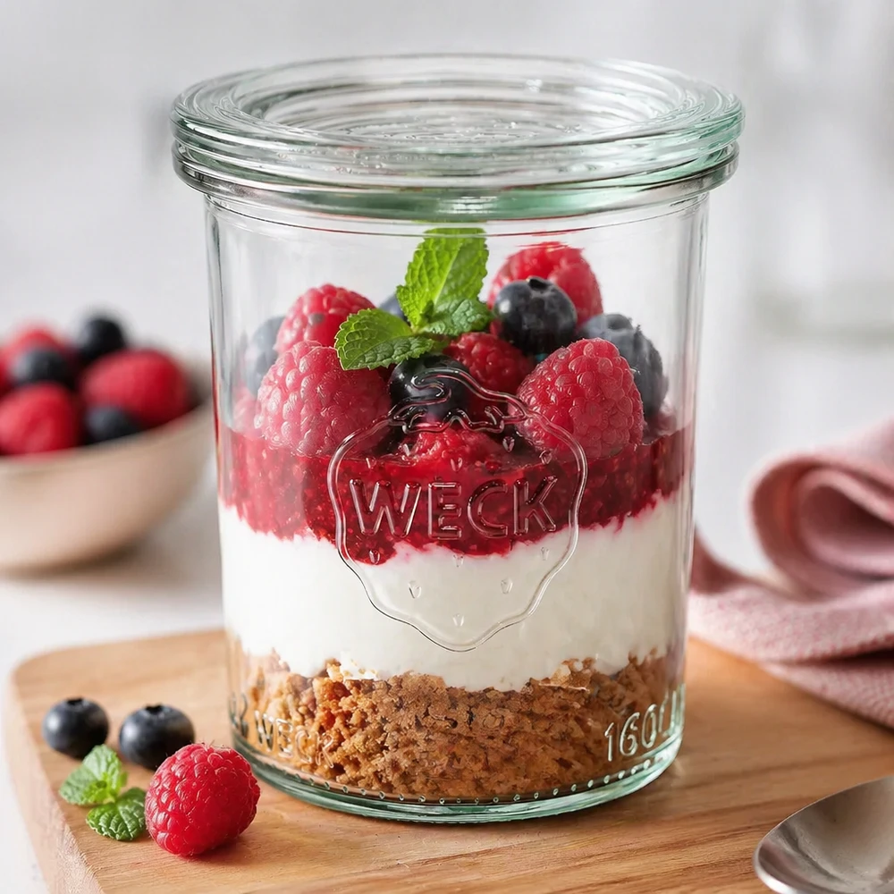 160ml Sturzglas mit Glasdeckel WECK RR60 WECK Sturzglas 160ml befüllt mit Dessert aus Keksboden, Creme und Beeren als Anwendungsbeispiel