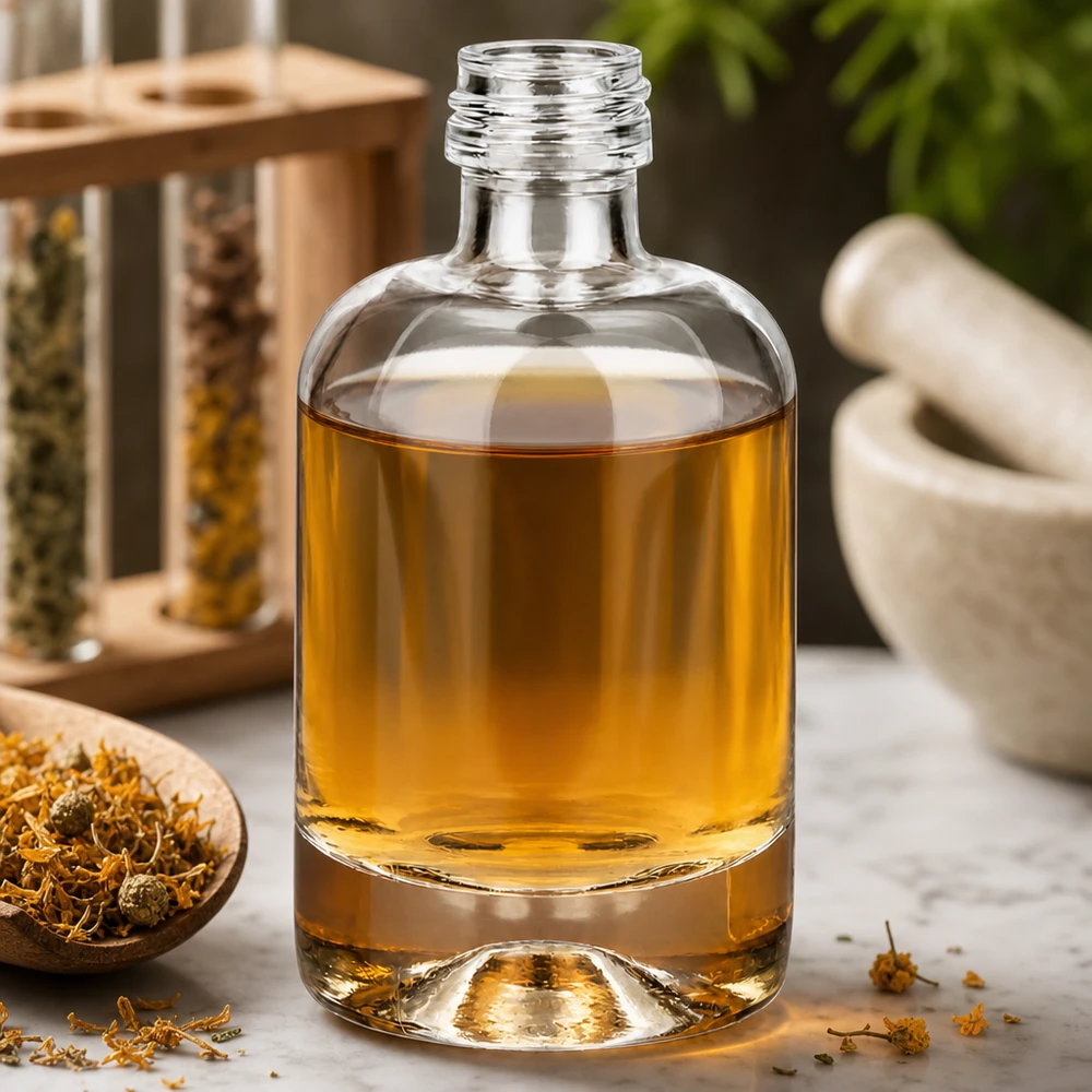 40ml Glasflasche "Sara" ohne Schraubverschluss UNiTWIST 40ml Glasflasche Sara mit goldgelber Flüssigkeit in natürlicher Kräuter-Ambiente mit Mörser und getrockneten Blüten
