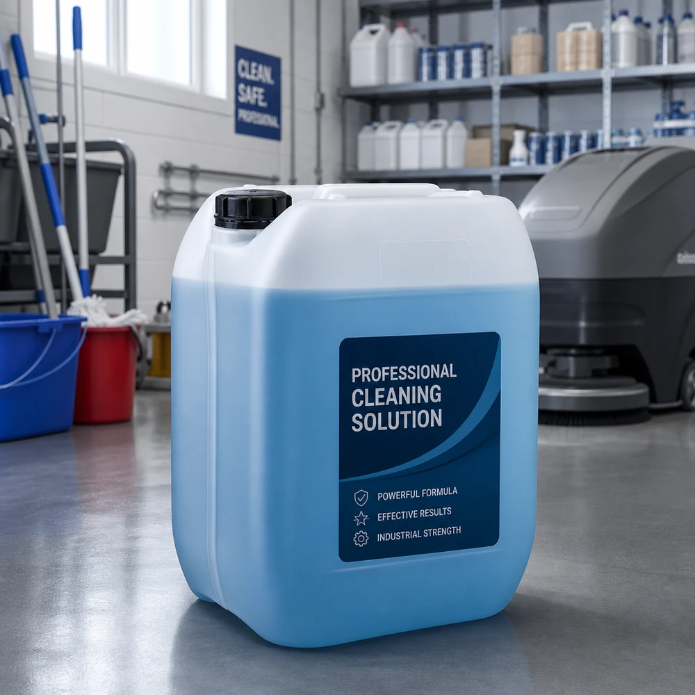 Kanister 10 Liter mit Schraubverschluss Originalitätsverschluss Großvolumiger 10L Reinigungskanister mit beschrifttem Etikett in gewerblichem Reinigungsdepot