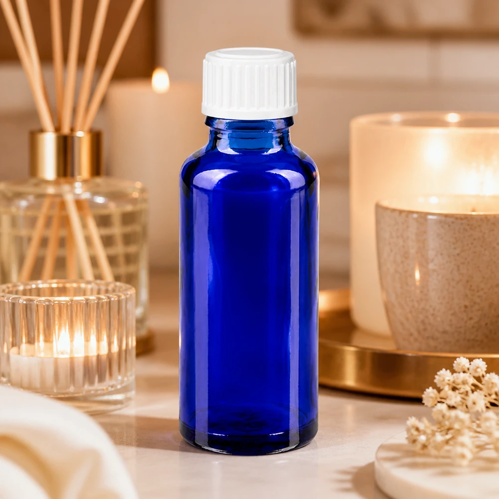 Apothekenflasche blau 30ml Schraubverschluss weiß Standard Elegante blaue Glasflasche 30ml mit UV-Schutz und weißem 11mm Verschluss für Öle
