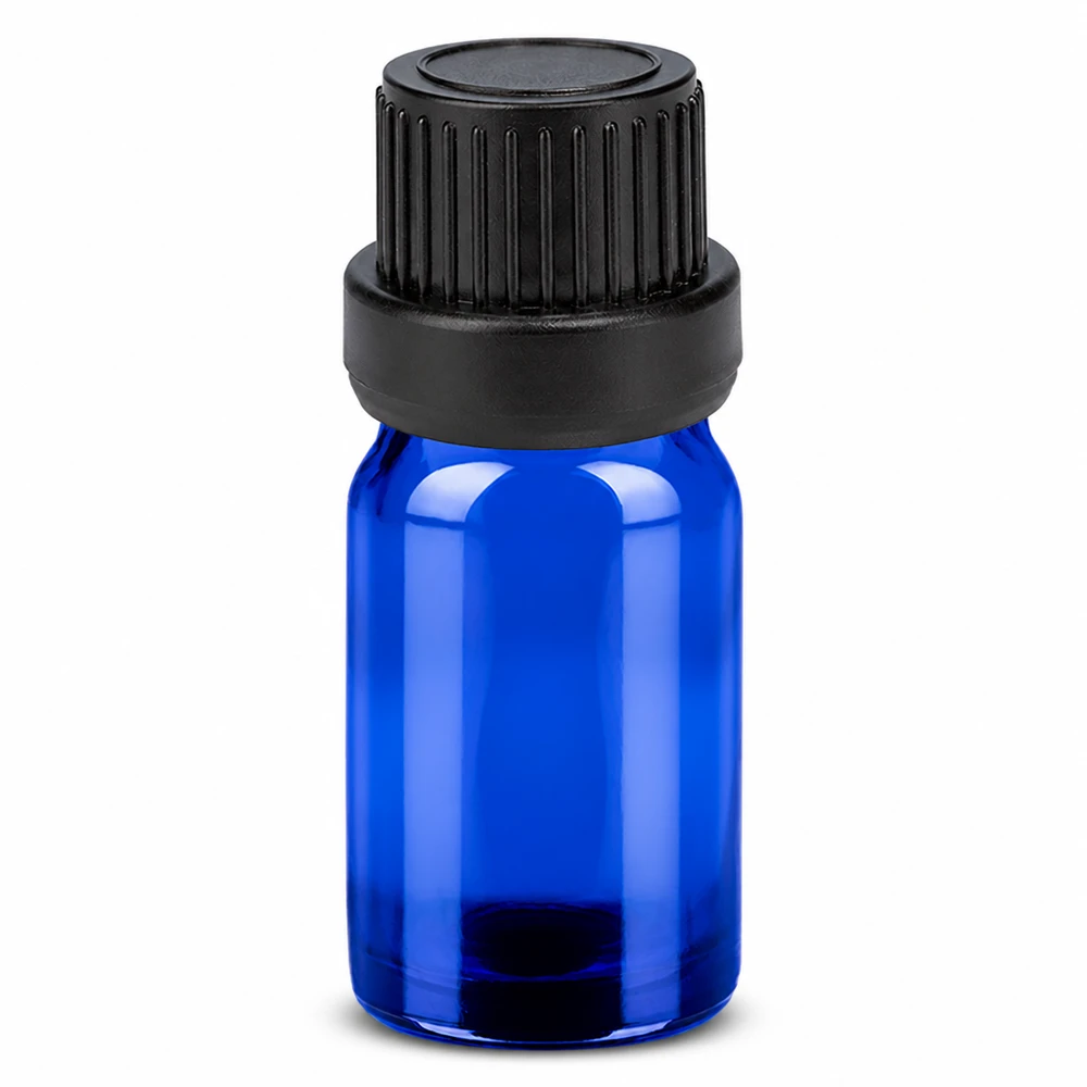 5ml blaue Glasflasche BlueLine UT18/5 mit schwarzem OV Verschluss für sichere Lagerung