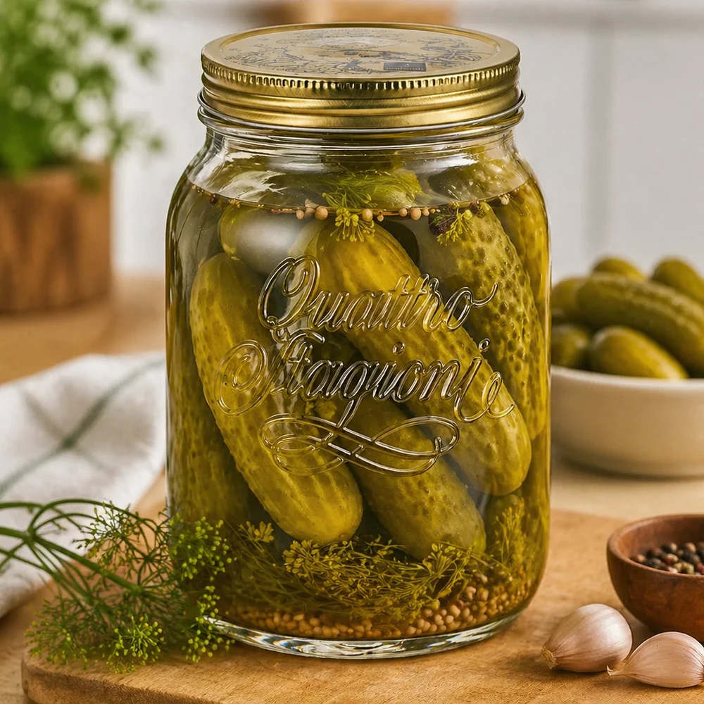 2000ml Rundglas "Quattro Stagioni" mit Deckel Quattro Stagioni 2L Einmachglas mit eingelegten Gurken und Dill - Konservierungsglas für hausgemachte Pickles