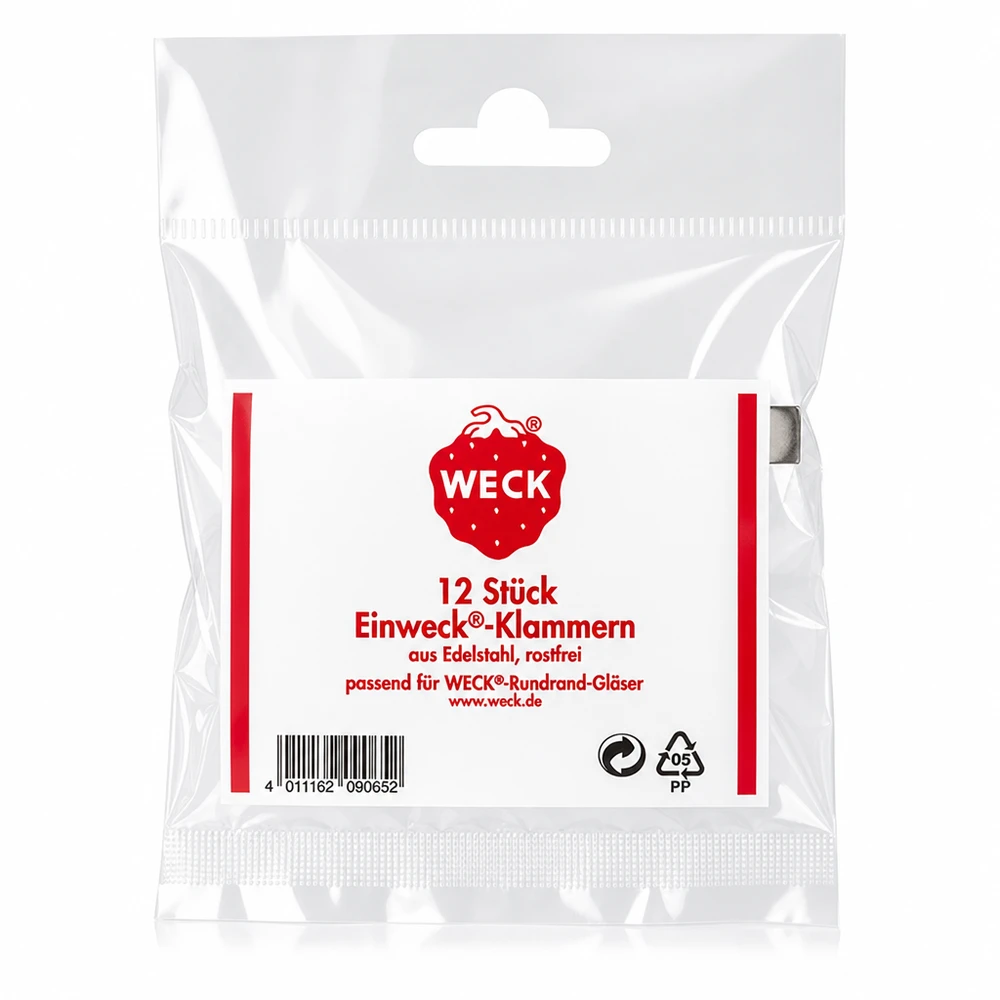 WECK Klammern Verpackungsrückseite mit Produktdetails 12 Stück Edelstahl rostfrei für Rundrand Gläser Original