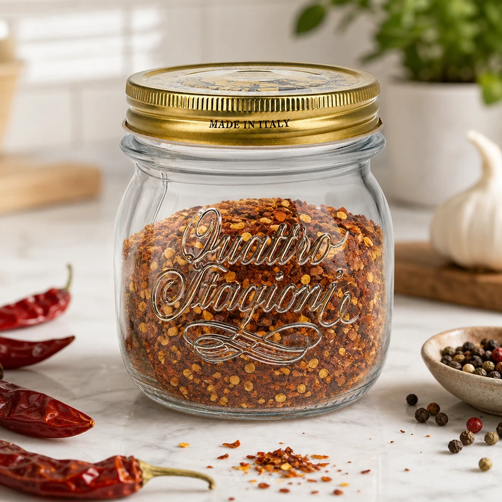 250ml Rundglas "Quattro Stagioni" mit Deckel 250ml Quattro Stagioni Rundglas mit goldenem Deckel gefüllt mit Chili-Gewürzmischung auf Küchenarbeitsplatte