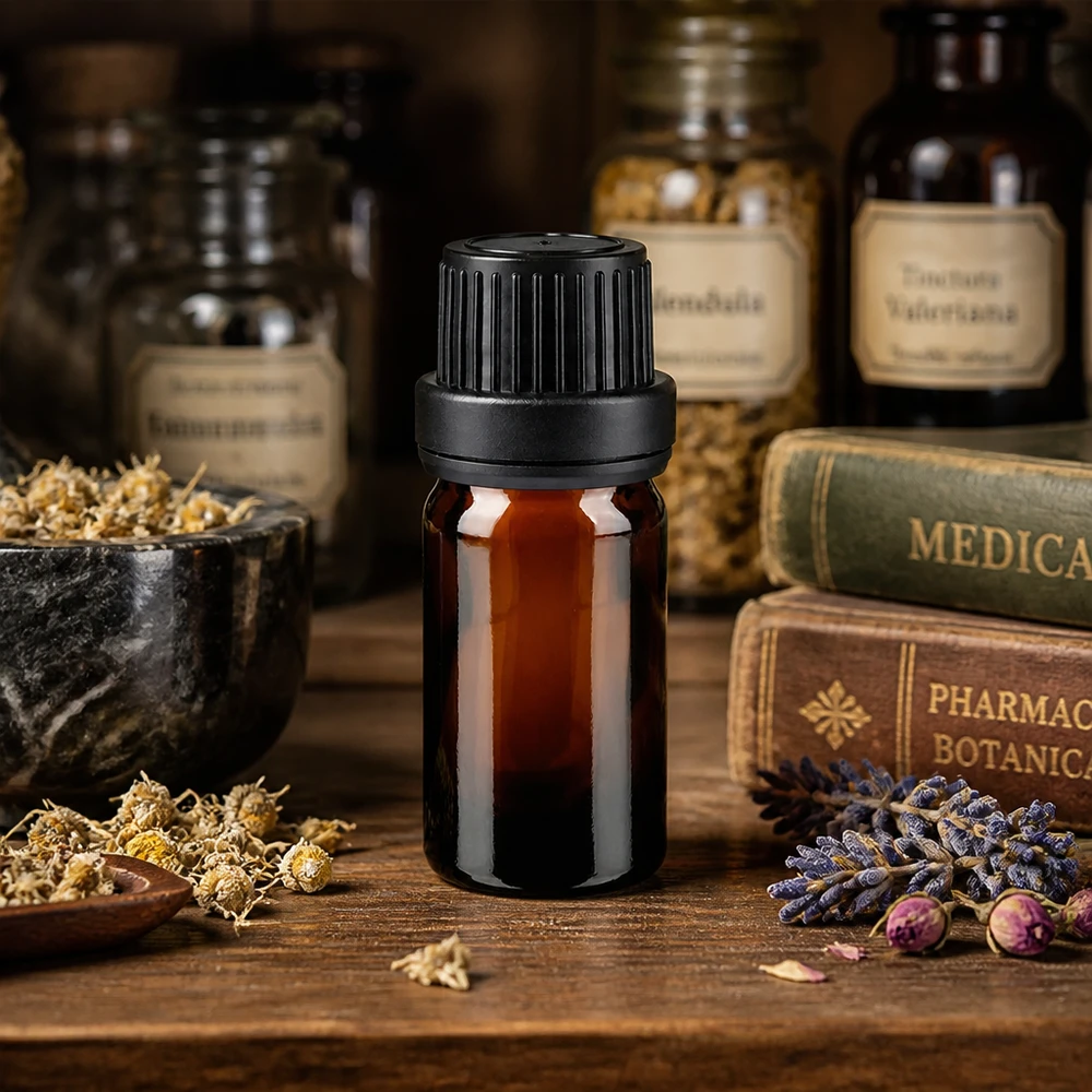 Apothekenflasche braun 5ml Schraubverschluss schwarz Dichteinlage Originalitätsverschluss Kompakte 5ml Braunglasflasche mit schwarzem Sicherheitsverschluss in apothekentypischer Umgebung