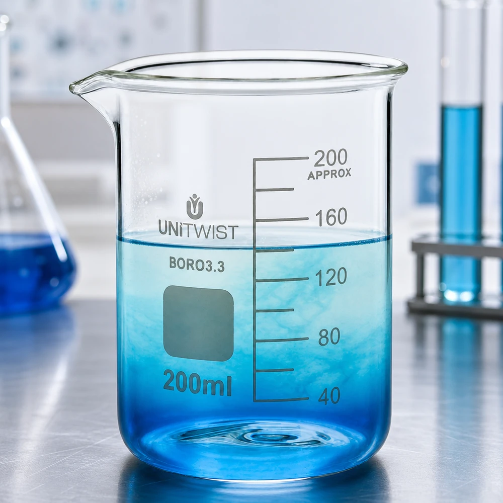 Becherglas 200ml Borosilikat, niedrige Form UNiTWIST Becherglas niedrige Form 200ml aus Borosilikat 3.3 mit Trichterrand und eingeätzter Milliliterskala