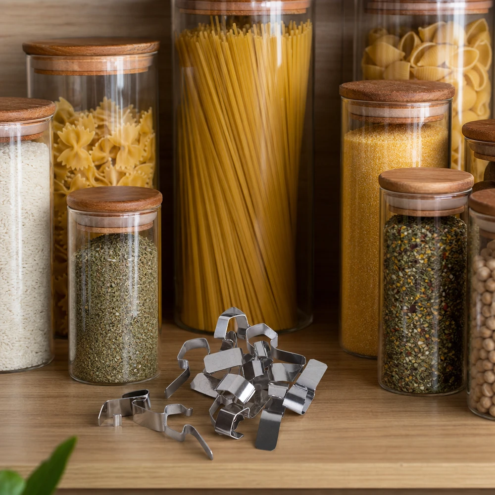 Einkochklammern aus Edelstahl auf Holztisch neben Vorratsgläsern mit Pasta Gewürzen und Küchenutensilien