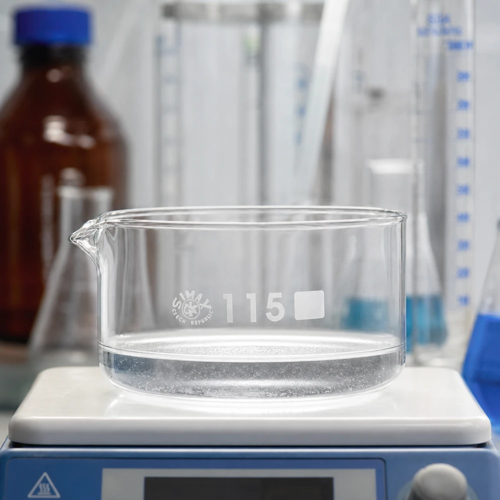 500ml Kristallisierschale mit Ausguss Borosilikat ø115mm Niedrige zylindrische Glasschale 500ml SIMAX mit Ausguss auf Rühr-Heizplatte Laborausrüstung