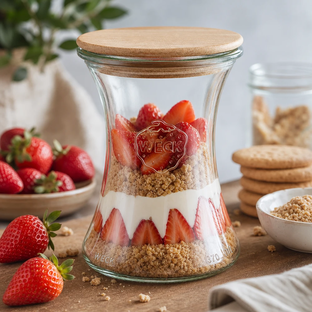 WECK Delikatessenglas 370ml RR80 mit Holzdeckel gefüllt mit Erdbeeren Granola und Joghurt als Schichtdessert