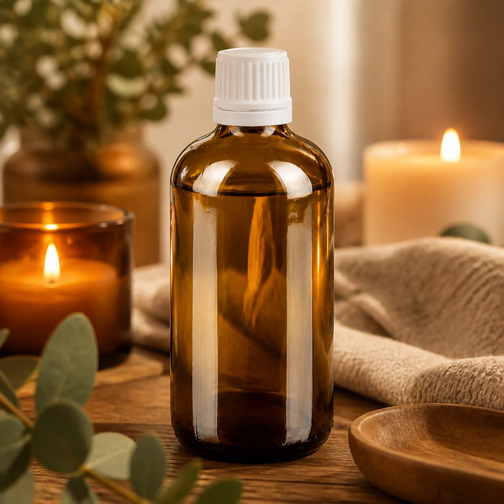 Apothekenflasche braun 100ml Schraubverschluss weiß Originalitätsverschluss Apothekerflasche braun 100ml mit weißem Sicherheitsverschluss zwischen Eukalyptuszweigen und Kerzen