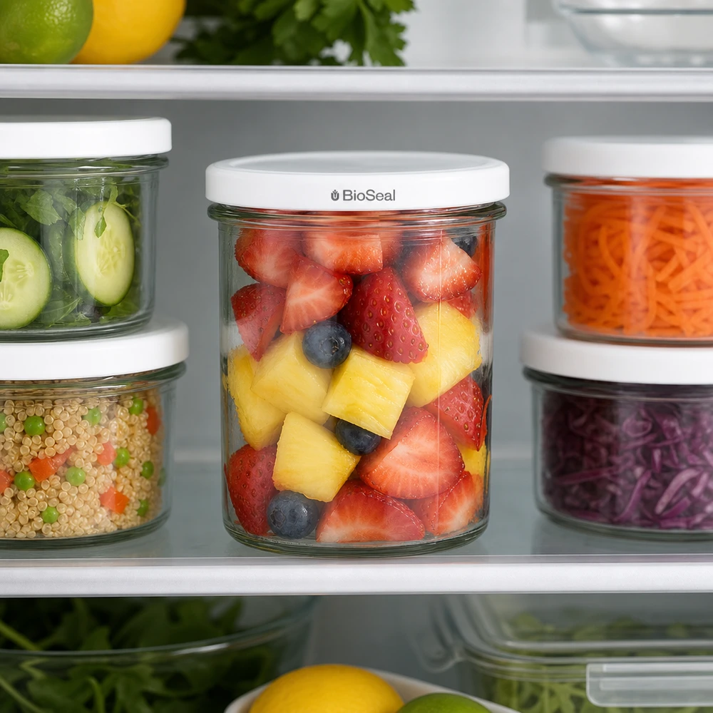 350ml Sturzglas mit BioSeal Deckel weiß UNiTWIST UNiTWIST Sturz350 im Kühlschrank mit Obstsalat gefüllt zeigt optimale Frischhaltung durch TO82 BioSeal Deckel