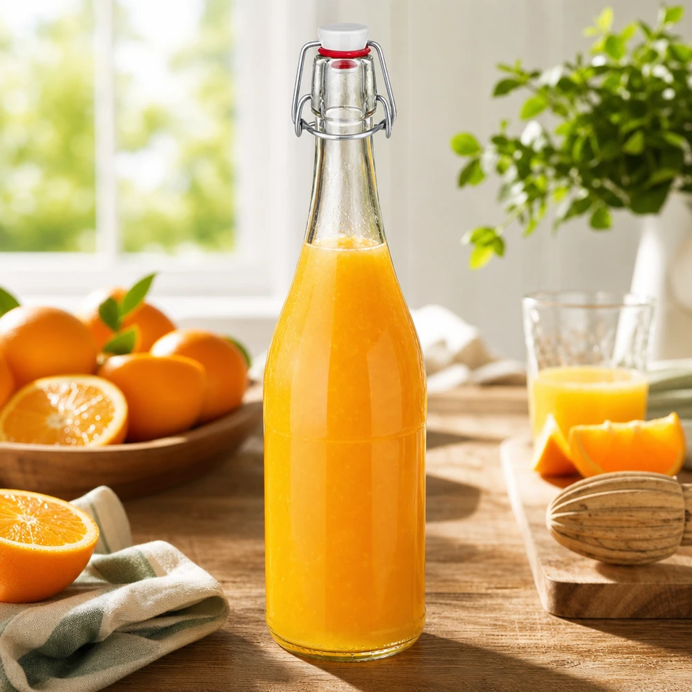 750ml Glasflasche und Bügelverschluss PVC UNiTWIST 750ml Glasflasche Bügelverschluss mit Orangensaft befüllt Sonnenlicht Frühstückstisch frische Orangen vitaminreich