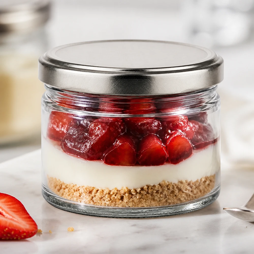 540ml Rundglas mit silbernem Deckel als Dessertglas für Erdbeer-Cheesecake im Glas, Schichtdessert