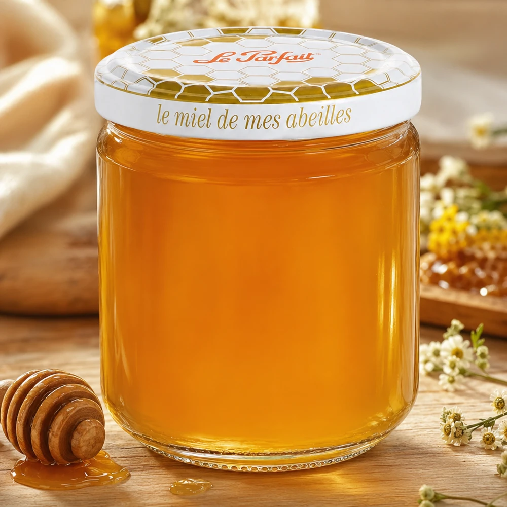 Le Parfait 212ml Honey Vorratsglas mit goldenem Honig gefüllt neben Honiglöffel und Kamille auf Holztisch