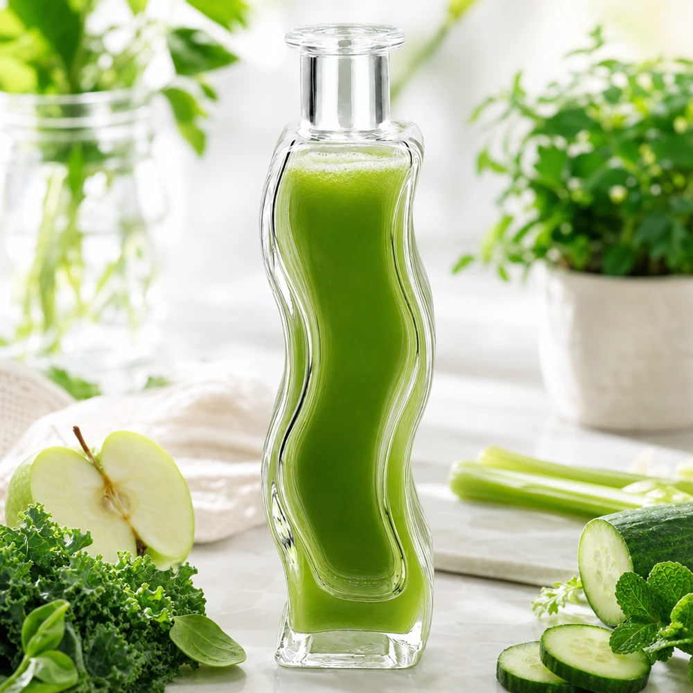 100ml Glasflasche Melissa mit grünem Smoothie gefüllt umgeben von Gemüse Apfel Gurke und Kräutern auf weißem Holztisch