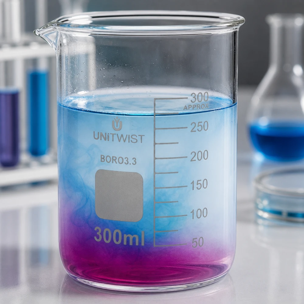 Niedrige Becherglasform 300ml BORO3.3 mit farbigem Flüssigkeitsexperiment und Skalierung