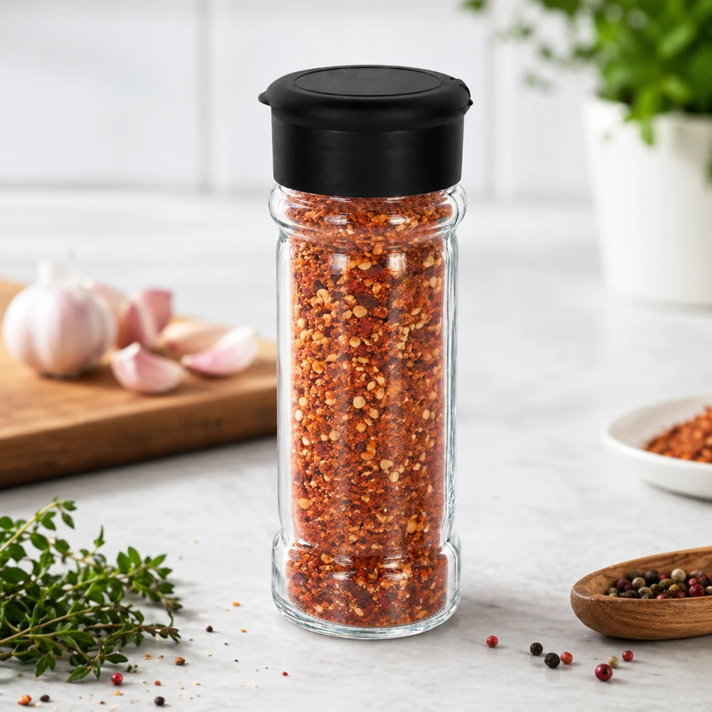 Befüllbares Streuglas 100ml aus Glas mit schwarzem Deckel für scharfe Gewürzmischungen