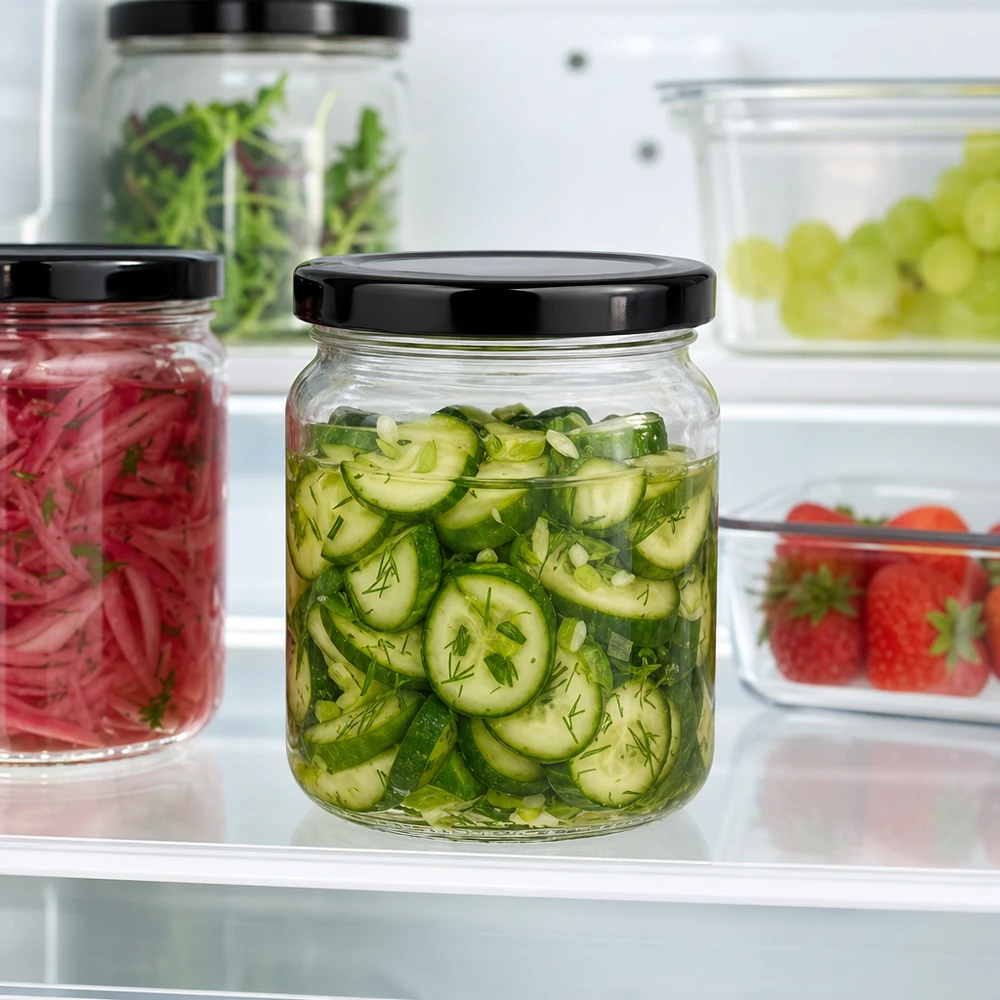 53ml Rundglas mit BasicSeal Deckel schwarz UNiTWIST 53ml Rundglas mit schwarzem Deckel gefüllt mit eingelegten Gurken im Kühlschrank frische Konservierung Pickles