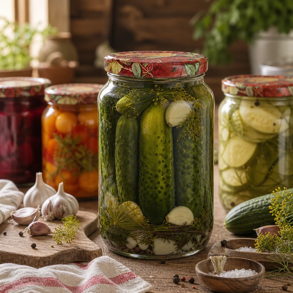 1062ml Rundglas mit Gewürzgurken gefüllt BasicSeal Deckel Obst-Dekor Einmachglas Konservierung Dill Knoblauch