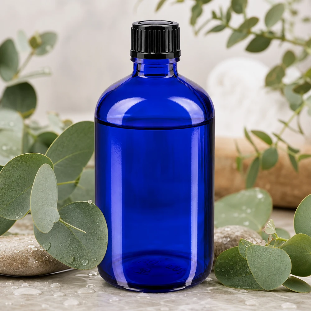 Apothekenflasche blau 100ml Tropfverschluss 1mm schwarz Standard Blaue Glasflasche 100ml mit schwarzem Verschluss ideal für ätherische Öle Hydrolate und Seren