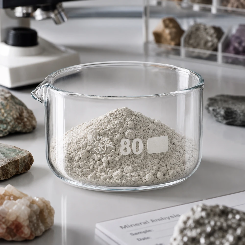 Kristallisierschale 80mm mit Ausguss gefüllt mit gemahlenem Mineralgestein für Laboranalyse 150ml
