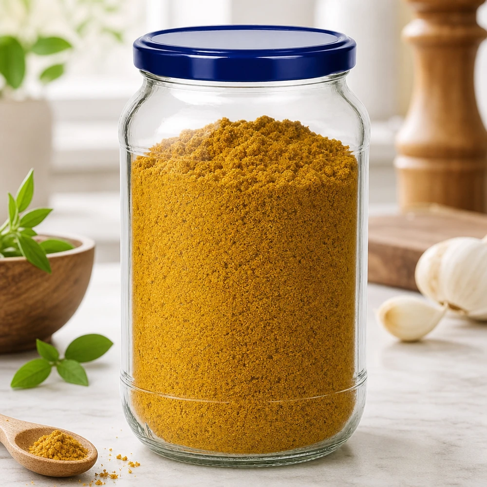 1062ml Rundglas BasicSeal Deckel blau UNiTWIST mit Curry-Gewürzpulver gefüllt Küchenszene Gewürzdose