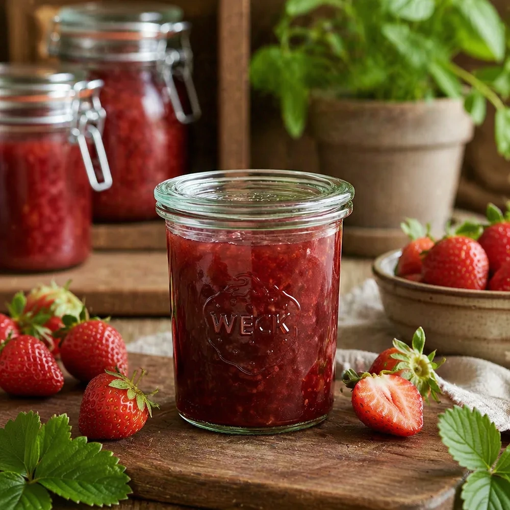 160ml Sturzglas mit Glasdeckel WECK RR60 WECK Sturzglas RR60 160ml mit hausgemachter Erdbeermarmelade gefüllt, umgeben von frischen Erdbeeren auf Holztisch