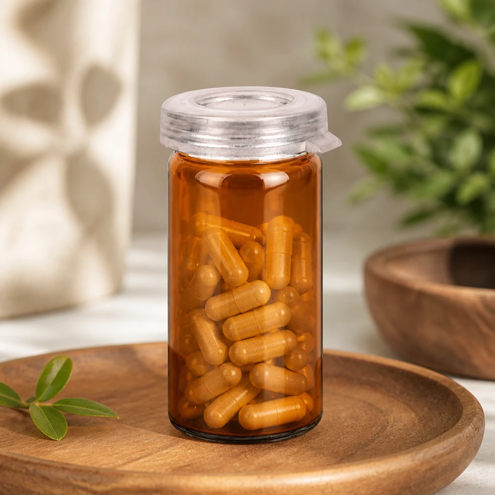 Zylindrisches Rollrandglas 5ml aus Braunglas mit kindersicherem Schnappdeckel befüllt