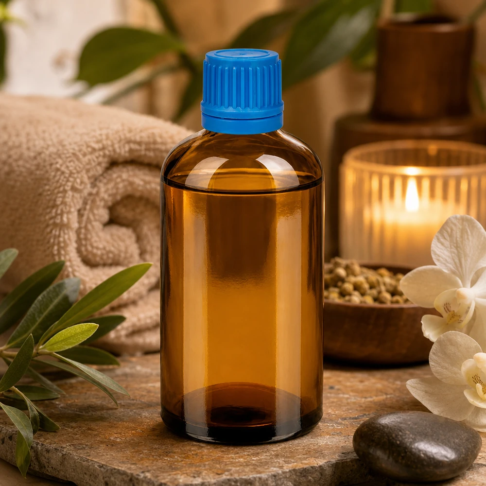Stilvolle 100ml Braunglasflasche mit modernem blauen Verschluss für edle Produktpräsentation