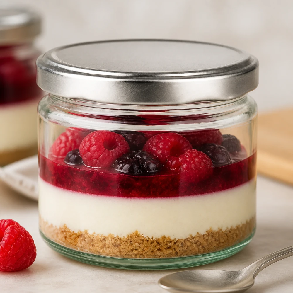 330ml Rundglas mit BasicSeal Deckel silber gefüllt mit Dessert Himbeeren Blaubeeren Cheesecake im Glas