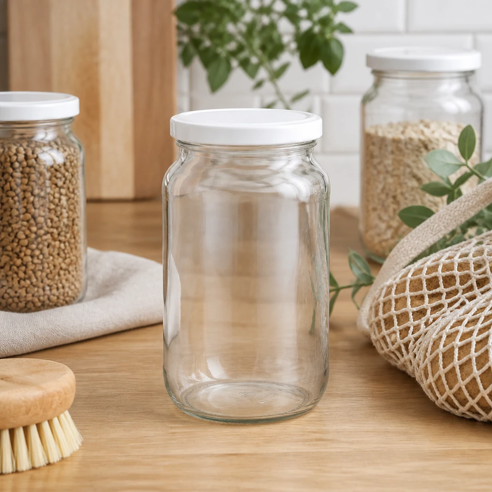 1062ml Rundglas mit BasicSeal Deckel weiß UNiTWIST 1062ml Rundglas BasicSeal Deckel leer auf Küchentheke mit Vorratsgläsern und Küchenutensilien Zero Waste Küche