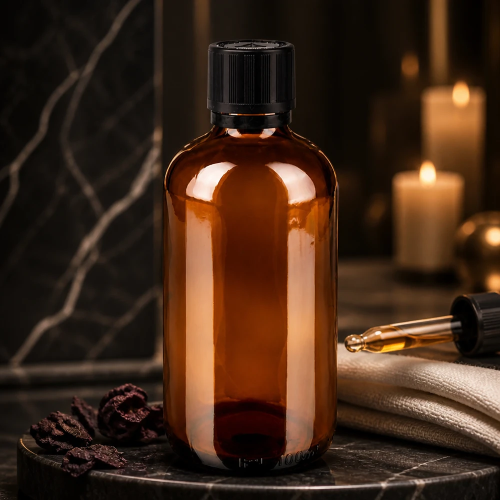 Bernsteinfarbene Glasflasche 100ml mit schwarzem OV Verschluss für ätherische Öle und Tinkturen