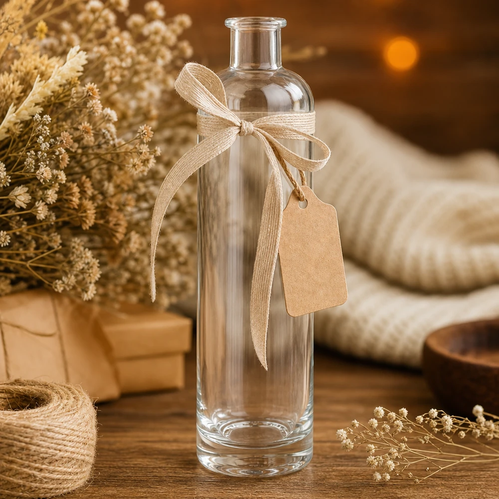 500ml Glasflasche "Ella" ohne Verschluss UNiTWIST 500ml Glasflasche Ella UNiTWIST als Geschenkverpackung dekoriert mit Schleife und Anhänger rustikale Dekoration