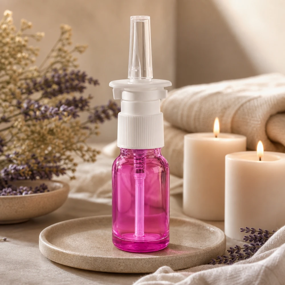 10ml Nasensprayflasche weiß/transparent Standard PurpleLine. UT18/10 Handliche 10ml Glasflasche Purple Light mit Standardgewinde für professionelle Nasensprays