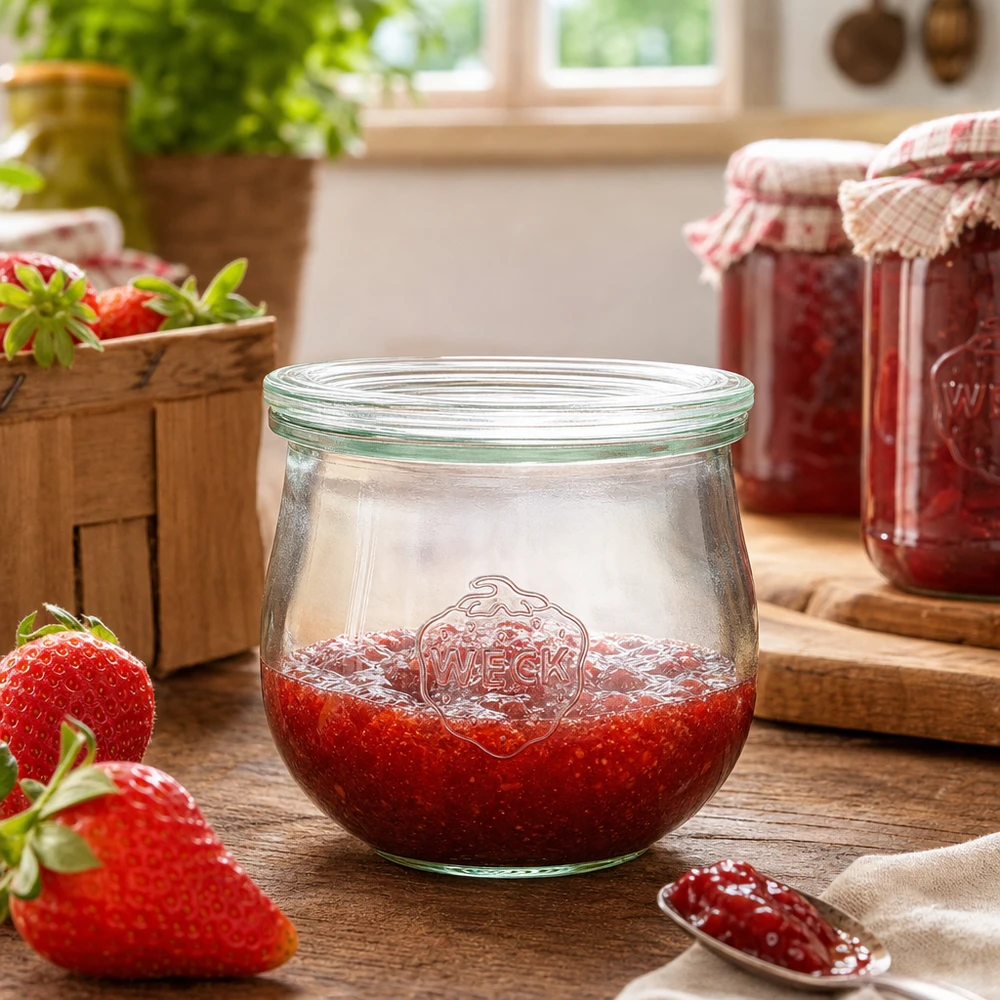 370ml Tulpenglas mit Glasdeckel WECK RR80 WECK Tulpenglas 370ml RR80 mit Erdbeermarmelade gefüllt in rustikaler Küche neben frischen Erdbeeren und Einmachgläsern