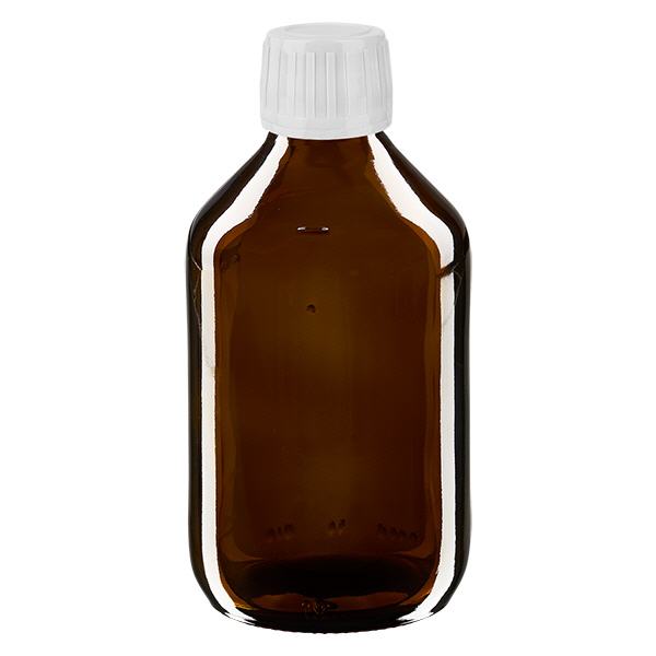 250ml Medizinflasche braun, Verschluss weiß mit Originalitätsring ApoGlas 250ml Medizinflasche braun, Verschluss weiß mit Originalitätsring ApoGlas