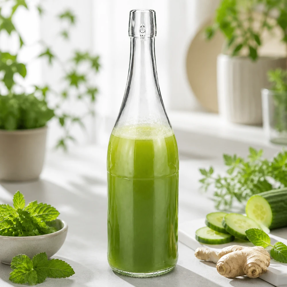 750ml UNiTWIST Glasflasche mit grünem Smoothie befüllt zwischen frischen Kräutern Gurken Ingwer gesunde Ernährung