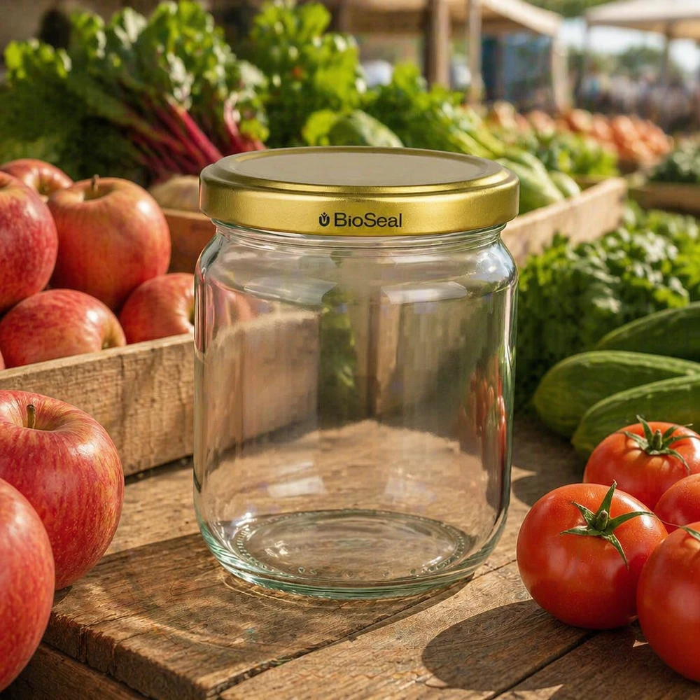 500g Honigglas mit goldenem Deckel BioSeal UNiTWIST 500g BioSeal Honigglas leer mit Golddeckel umgeben von frischen Äpfeln und Tomaten auf Holztisch im Freien