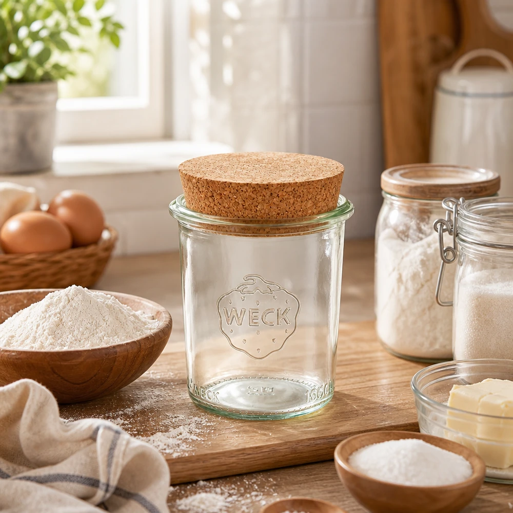 160ml Sturzglas WECK RR60 mit Korken natur WECK Sturzglas 160ml RR60 mit Korken auf Holzbrett in warmer Küche umgeben von Backzutaten Mehl und Eiern
